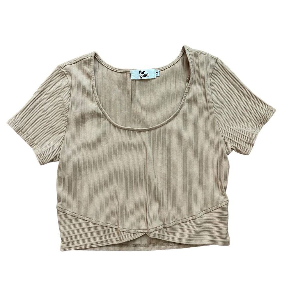 For Good Medium Cropped Top Short Sleeve Ribbed Beige Boutique Tee Basic